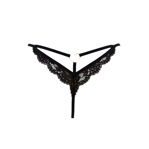 String noir en dentelle avec bijou cœur doré 